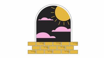 Esoteric window frame with midnight sun line 2D concept animation. Windowsill, stairs under arch flat color cartoon 4K video, alpha channel. Nighttime sun spinning animated object on white background video