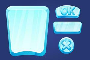 Set frozen ice frames, panels for game menu arows, buttons, ok sign in cartoon style isolated. Ui game design, app interface. Vector illustration