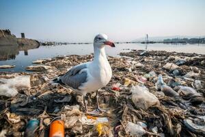 Polluted Waters - A Seagull's Plight - AI generated photo
