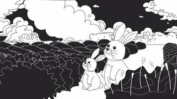 Rabbits in lavender field bw kawaii lo fi animated background. Bunnies watch moving clouds japanese cartoon anime lofi aesthetic live wallpaper animation. Monochrome cute chill 4K video motion graphic