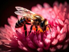 Honeybee Pollinating Pink Flower with Macro Lens - Intricate Details of Wings and Furry Body in Soft Natural Lighting - AI generated photo