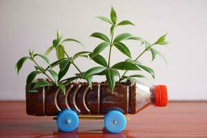 bricolaje coche cuales crecer plantas, hecho desde el plastico botella y tapas. concepto, jardinería desde reciclar artesanía. reducir, reutilizar y reciclar el plastico basura. foto