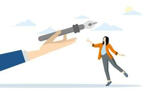 career opportunity concept, job promotion, giving strength or power to employees to make decisions or empowerment and courage for leadership, big hand giving pen to confident smart businesswoman. vector