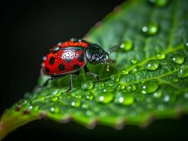 Ladybug on Green Leaf - Macro Photography with Natural Light and Intricate Details of Red and Black Spotted Shell and Delicate Leaf Texture. - photo