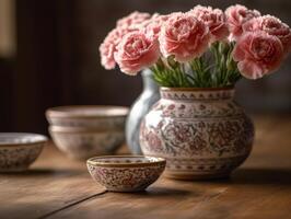 rosado y blanco claveles en florero en de madera mesa con suave borroso antecedentes - ai generado foto