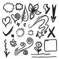 leaves, hearts, abstract, ribbons, arrows and other elements in hand drawn styles for concept designs. Doodle illustration. Vector template for decoration