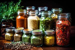 Close-up of Appetizing Herbs and Spices in Glass Jars on Dark Surface - Macro Shot for Cooking and Ingredients - photo