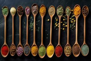 Aromatic Delights - A Close-Up of Wooden Spoons Overflowing with Flavorful Herbs and Spices - AI generated photo