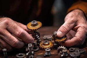 industrial trabajo en equipo - conectando engranajes en taller con determinación - ai generado foto