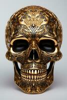 Human skull with gold color carving motif photo