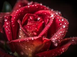 Capturing the Beauty of a Red Rose - Macro Photography with Dew Drops - AI generated photo