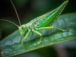 Vibrant Green Grasshopper on Lush Leaf with Blurred Background - Macro Photography with High Aperture and Natural Lighting - photo