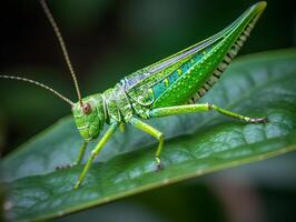 vibrante verde saltamontes en lozano hoja con borroso antecedentes - macro fotografía con alto abertura y natural Encendiendo - ai generado foto