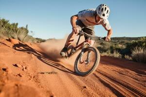 bmx jinete pateando arriba suciedad en sendero - de cerca acción Disparo de lleno de adrenalina truco en suciedad sendero - ai generado foto