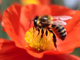 el delicado danza de un abeja y un amapola flor - ai generado foto