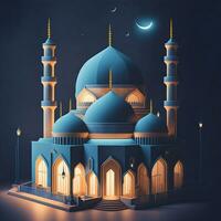 mosque building realistic design isolated with gradient color background. ramadhan kareem. islamic background, mawlid, iftar, isra miraj, eid al fitr adha, muharram decoration, Generative Ai photo