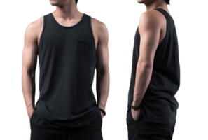 jong Mens in zwart tank top mockup voorkant en terug visie, uitknippen, ai generatief png