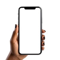 Woman hand holding the smartphone with blank screen mockup, Cutout, AI Generative png