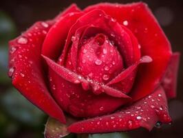 Red Rose Macro Photography with Dew Drops and Blurred Background. - AI generated photo