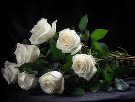 Contrasting Beauty - A Striking Still Life of White Roses on a Black Table - AI generated photo