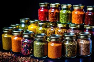 Aromatic Delights - A Close-Up of Assorted Spices in Glass Jars on a Black Background - photo