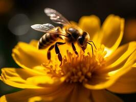 abeja polinizando brillante amarillo flor con borroso natural antecedentes en de cerca macro fotografía - ai generado foto