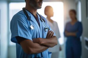 Doctor in Scrubs Nods in Agreement with Patient's Concerns in Medical Office with Shallow Depth of Field - photo