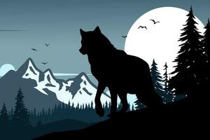 A silhouette of a wolf standing on a hill with mountains in the background vector