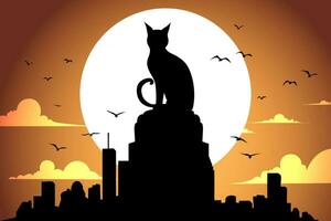 A cat sits on a cityscape with a moon behind it vector