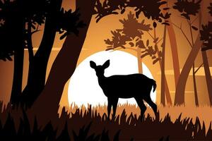 silueta de un ciervo en un bosque a puesta de sol vector