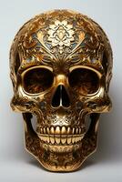 Human skull with gold color carving motif photo