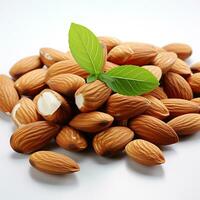 Sweet brown almonds on a white background photo