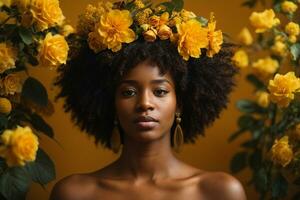 Beautiful Afro woman portrait with flower on her head - Ai Generative photo