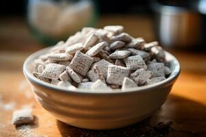 bowl of puppy chow on a wooden table AI Generative photo