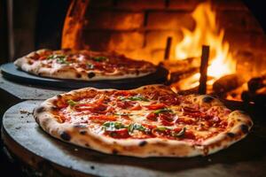 two pizzas are sitting in front of a wood fired oven AI Generated photo