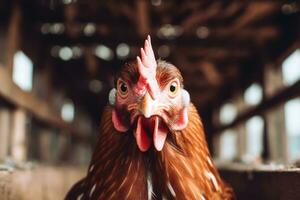 A chicken is standing in a barn looking at the camera AI Generated photo