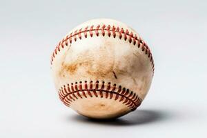 antiguo sucio béisbol pelota en un blanco antecedentes ai generado foto