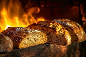 A group of breads sitting in an oven with a fire in the background AI Generated photo