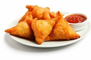 samosa and pakora on a plate with dipping sauce isolated on white background AI Generated photo