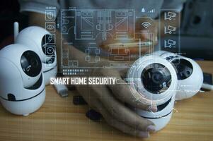 Smart home security concept, remote control, app use to control and monitor and record photo