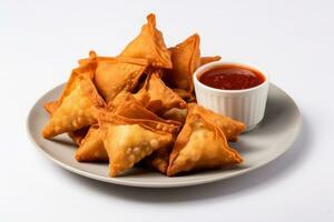 samosa y pakora en un plato con inmersión salsa aislado en blanco antecedentes ai generado foto