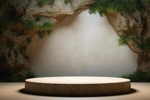 empty stage podium in front of a cave photo