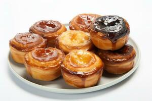 a plate full of pasteis de nata on a white background AI Generated photo