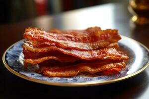 bacon on a plate on a table AI Generative photo