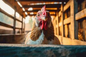 un pollo mirando fuera de un de madera caja ai generado foto