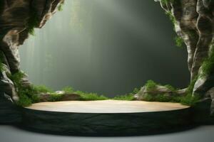 a stage podium in a cave with moss in the background AI Generative photo