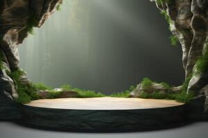 a stage podium in a cave with moss in the background photo