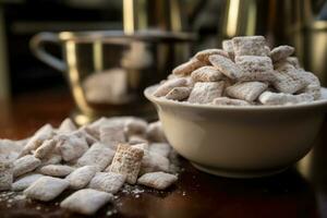 bowl of puppy chow on a wooden table AI Generative photo