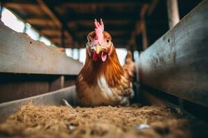 a chicken is sitting in a wooden crate AI Generated photo