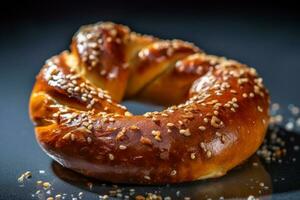 pretzel with sesame seeds sitting on a table AI Generative photo